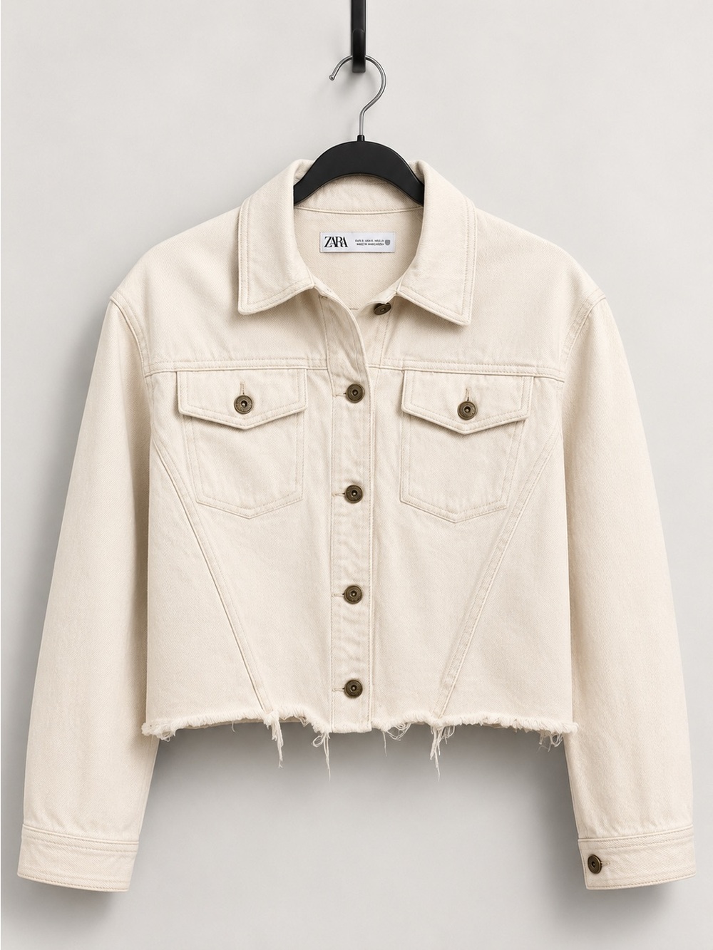 Zara Cropped Denim Jacket Small Ecru Raw Hem Button Front Oversized - Picture 2 of 5